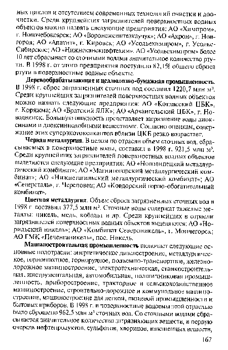 Черная металлургия. В целом по отрасли объем сточных вод, сбрасываемых в поверхностные воды, составил в 1998 г. 921,5 млн м3. Среди крупнейших загрязнителей поверхностных водных объектов выделяются следующие предприятия: АО «Новолипецкий металлургический комбинат»; АО «Магнитогорский металлургический комбинат»; АО «Нижнетагильский металлургический комбинат»; АО «Северсталь», г. Череповец; АО «Ковдорский горно-обогатительный комбинат».