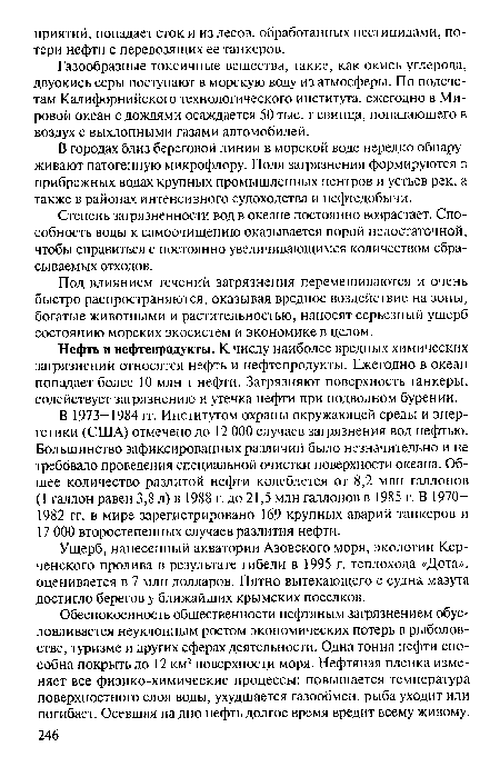 Нефть и нефтепродукты. К числу наиболее вредных химических загрязнений относятся нефть и нефтепродукты. Ежегодно в океан попадает более 10 млн т нефти. Загрязняют поверхность танкеры, содействует загрязнению и утечка нефти при подводном бурении.