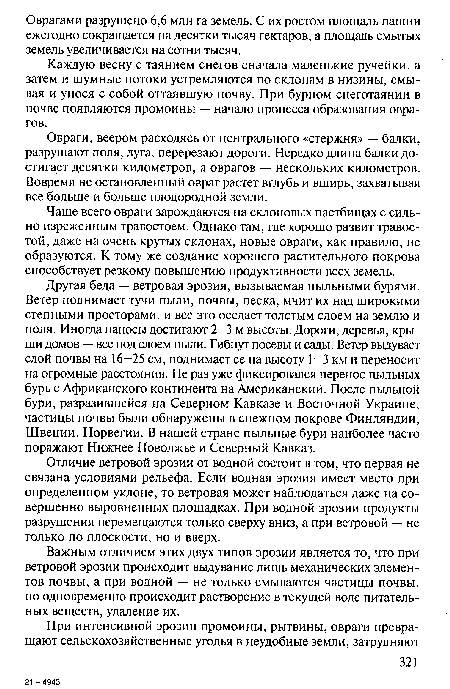 Овраги, веером расходясь от центрального «стержня» — балки, разрушают поля, луга, перерезают дороги. Нередко длина балки достигает десятки километров, а оврагов — нескольких километров. Вовремя не остановленный овраг растет вглубь и вширь, захватывая все больше и больше плодородной земли.