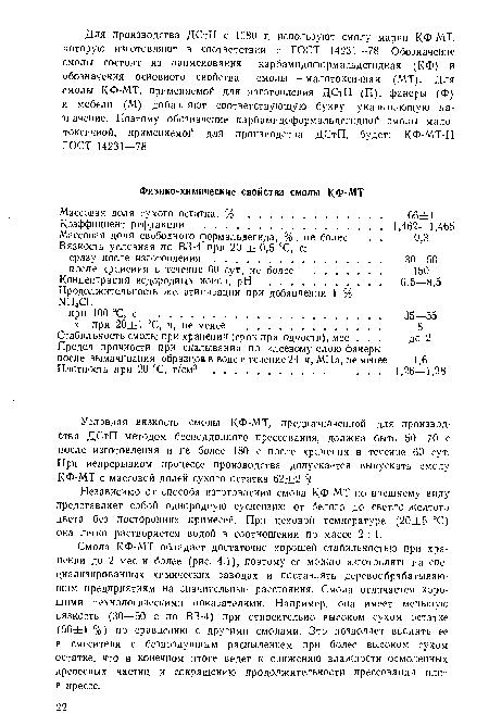 Смола КФ-МТ обладает достаточно хорошей стабильностью при хранении до 2 мес и более (рис. 4.1), поэтому ее можно изготовлять иа специализированных химических заводах и поставлять деревообрабатывающим предприятиям на значительные расстояния. Смола отличается хорошими технологическими показателями. Например, она имеет меньшую вязкость (30—50 с по ВЗ-4) при относительно высоком сухом остатке (66±1 %) по сравнению с другими смолами. Это позволяет вводить ее в смесители с безвоздушным распылением при более высоком сухом остатке, что в конечном итоге ведет к снижению влажности осмоленных древесных частиц и сокращению продолжительности прессования плит в прессе.