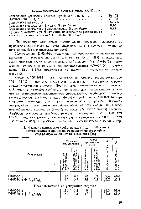 Исследования ЦНИИФа показали, что увеличение содержания связующего (в пересчете на сухой остаток) от 10 до 15 % к массе абс. сухой стружки ведет к сравнительно небольшому (на 15—16 %) повышению прочности, в то время как водопоглощение (65—70 %) и разбухание (12,2—13,5 %) практически не зависят от содержания связующего [10].