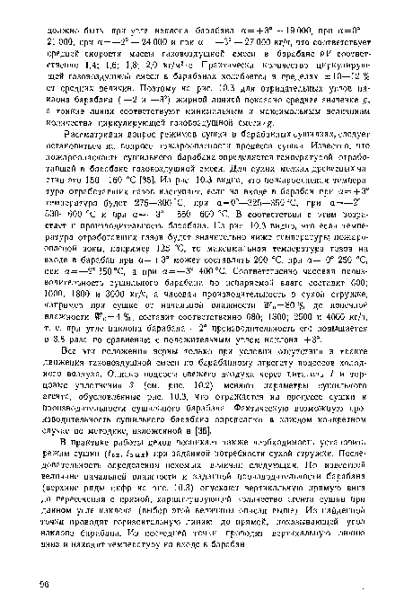 В практике работы цехов возникает также необходимость установить режим сушки (/.!, /Вых) при заданной потребности сухой стружки. Последовательность определения искомых величин следующая. По известной величине начальной влажности и заданной производительности барабана (верхние ряды цифр на рис. 10.3) опускают вертикальную прямую вниз до пересечения с прямой, характеризующей количество агента сушки при данном угле наклона (выбор этой величины описан выше). Из найденной точки проводят горизонтальную линию до прямой, показывающей угол наклона барабана. Из последней точки проводят вертикальную линию вниз и находят температуру на входе в барабан.