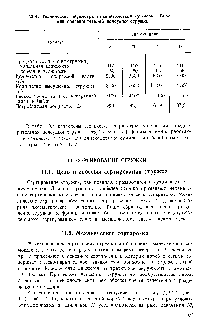 В табл. 10.4 приведены технические параметры сушилок для предварительной подсушки стружки (трубы-сушилки) фнрмы «Бизон», работающие совместно с трех- или одноходовыми сушильными барабанами этой же фирмы (см. табл. 10.2).