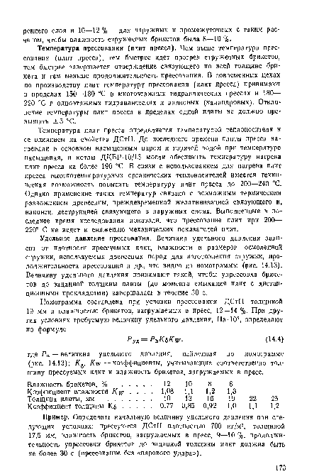 Удельное давление прессования. Величина удельного давления зависит от плотности прессуемых плнт, влажности и размеров осмоленной стружки, используемых древесных пород для изготовления стружки, продолжительности прессования и др., что видно нз номограммы (рис. 14.13). Величину удельного давления принимают такой, чтобы упрессовка брикетов до заданной толщины плиты (до момента смыкания плит с дистанционными прокладками) завершалась в течение 30 с.