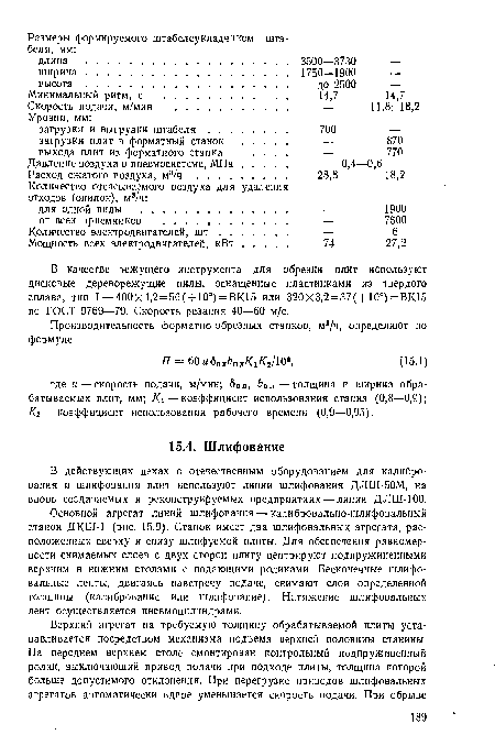 В качестве режущего инструмента для обрезки плит используют дисковые дереворежущие пилы, оснащенные пластинками из твердого сплава, тип I— 400x4,2=56(+10°) = ВК15 или 320x3,2 = 37( + 10°) =ВК15 по ГОСТ 9769—79. Скорость резания 40—60 м/с.