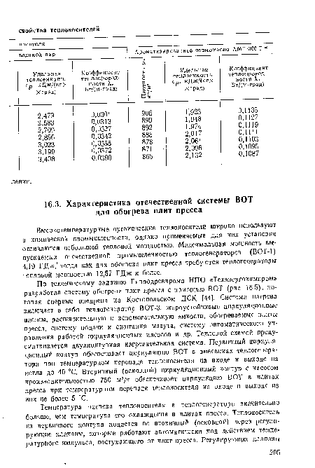 Высокотемпературные органические теплоносители широко используют в химической промышленности, однако применяемые для них установки отличаются небольшой тепловой мощностью. Максимальная мощность выпускаемых отечественной промышленностью теплогенераторов (ВОТ-1) 4,19 ГДж, тогда как для обогрева плит пресса требуются теплогенераторы тепловой мощностью 12,57 ГДж и более.