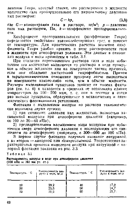 При создании пересыщенного раствора газа в воде избыточное его количество выделяется из раствора в виде пузырьков в объеме жидкости или на поверхности частнц примесей, если они обладают достаточной гидрофобностью. Причем в термодинамическом отношении пузырьку легче выделиться на поверхности какого-либо тела, чем в объеме жидкости. Размеры выделяющихся пузырьков зависят от многих факторов (см. гл. 4) и находятся в пределах от нескольких единиц микрометров, до 100—200 мкм, т. е. они в десятки и сотни раз меньше пузырьков, образующихся в механических и пневматических флотационных установках.