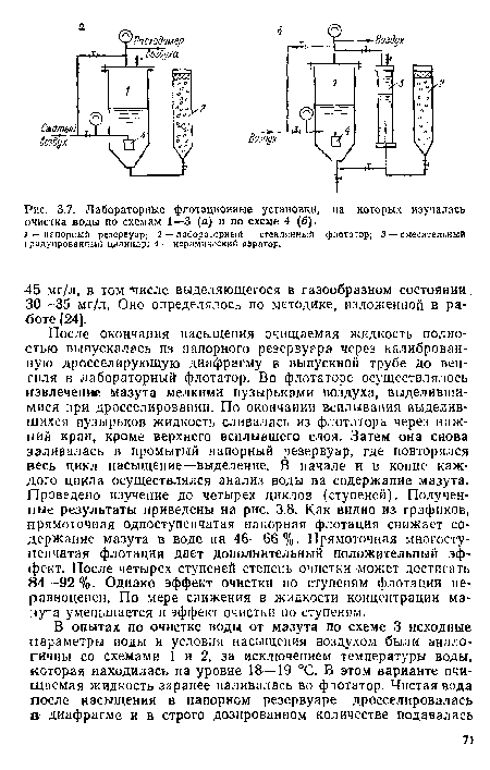 После окончания насыщения очищаемая жидкость полностью выпускалась из напорного резервуара через калиброванную дросселирующую диафрагму в выпускной трубе до вентиля в лабораторный флотатор. Во флотаторе осуществлялось извлечение мазута мелкими пузырьками воздуха, выделившимися при дросселировании. По окончании всплывания выделившихся пузырьков жидкость сливалась из флотатора через нижний кран, кроме верхнего всплывшего слоя. Затем она снова заливалась в промытый напорный резервуар, где повторялся весь цикл насыщение—выделение. В начале и в конце каждого цикла осуществлялся анализ воды на содержание мазута. Проведено изучение до четырех циклов (ступеней). Полученные результаты приведены на рис. 3.8. Как видно из графиков, прямоточная одноступенчатая напорная флотация снижает содержание мазута в воде па 46—66 %. Прямоточная многоступенчатая флотация дает дополнительный положительный эффект. После четырех ступеней степень очистки может достигать 84—92%. Однако эффект очистки по ступеням флотации неравноценен. По мере снижения в жидкости концентрации мазута уменьшается и эффект очистки по ступеням.