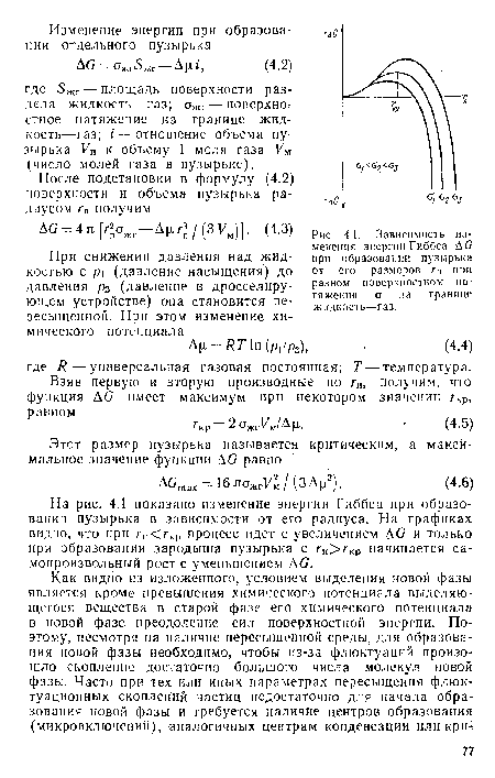 Зависимость изменения энергии Гиббса ДО при образовании пузырька от его размеров г„ прп разном поверхностном натяжении а на границе жидкость—газ.