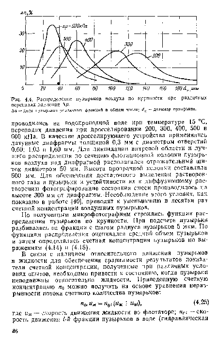 Распределение пузырьков воздуха по крупности при различных перепадах данлеияя А р.