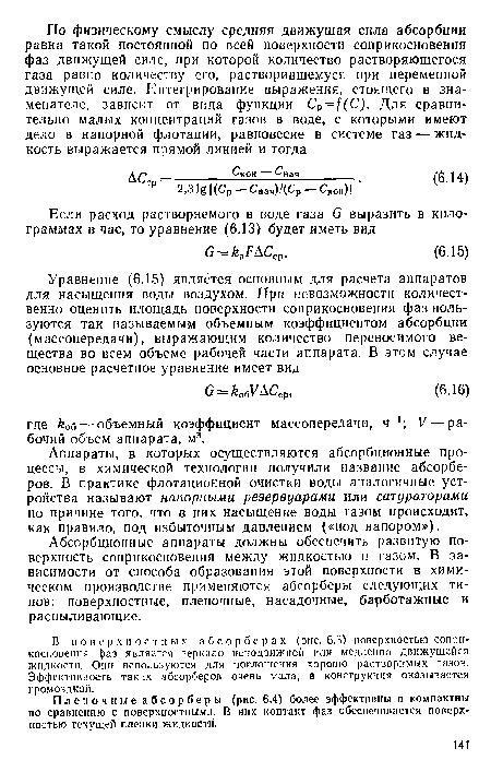 Абсорбционные аппараты должны обеспечить развитую поверхность соприкосновения между жидкостью и газом. В зависимости от способа образования этой поверхности в химическом производстве применяются абсорберы следующих типов: поверхностные, пленочные, насадочные, барботажные и распыливающие.