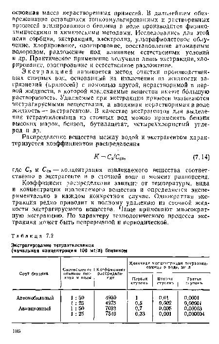 Экстракцией называется метод очистки производственных сточных вод, основанный на извлечении из жидкости загрязнений (примесей) с помощью другой, нерастворимой в первой жидкости, в которой извлекаемые вещества имеют большую растворимость. Удаляемые при экстракции примеси называются экстрагируемыми веществами, а вводимая нерастворимая в воде жидкость — экстрагентом. В качестве экстрагентов для выделения тетраэтилсвинца из сточных вод можно применять бензин высоких марок, бензол, бутилацетат, четыреххлористый углерод и др.