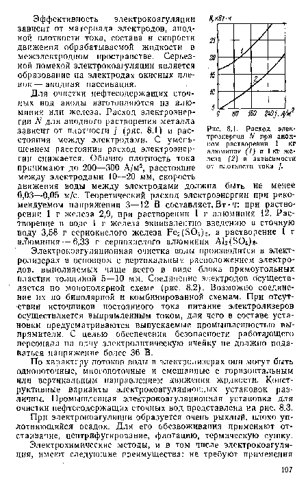 Расход электроэнергии N при анодном растворении 1 кг алюминия (1) и 1 кг железа (2) в зависимости от плотности тока /.