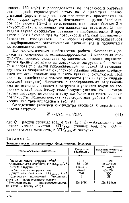 По технологическим особенностям работы биофильтры делятся на капельные и высоконагружаемые. В капельных биофильтрах процесс окисления органических веществ осуществляется преимущественно на поверхности загрузки в биопленке. Они работают с малой гидравлической нагрузкой. В высокона-гружаемых биофильтрах биопленкой главным образом сорбируются примеси сточных вод и лишь частично окисляются. Под сильным воздействием потоков жидкости (при большой гидравлической нагрузке) биопленка с сорбированными загрязнениями интенсивно удаляется с загрузки и уносится водой во вторичные отстойники. Этому способствуют увеличенные размеры частиц загрузки, имеющие к тому же более или менее гладкую поверхность. Технологические характеристики работы биологических фильтров приведены в табл. 9.1.