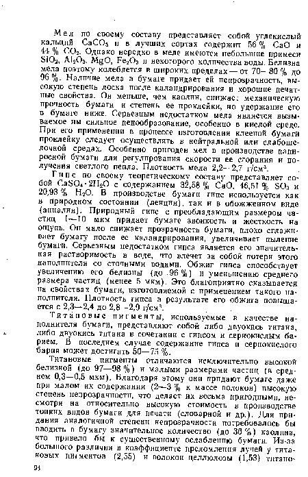 Титановые пигменты, используемые в качестве наполнителя бумаги, представляют собой либо двуокись титана, либо двуокись титана в сочетании с гипсом и сернокислым барием. В последнем случае содержание гипса и сернокислого бария может достигать 50—75 %.