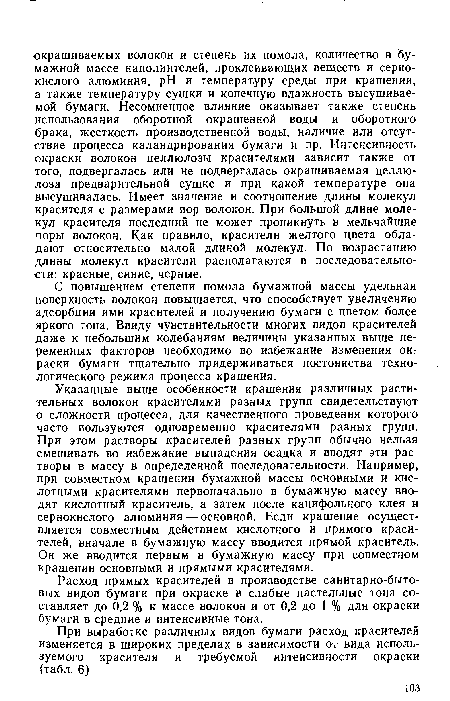 Указанные выше особенности крашения различных растительных волокон красителями разных групп свидетельствуют о сложности процесса, для качественного проведения которого часто пользуются одновременно красителями разных групп. При этом растворы красителей разных групп обычно нельзя смешивать во избежание выпадения осадка и вводят эти растворы в массу в определенной последовательности. Например, при совместном крашении бумажной массы основными и кислотными красителями первоначально в бумажную массу вводят кислотный краситель, а затем после канифольного клея и сернокислого алюминия — основной. Если крашение осуществляется совместным действием кислотного и прямого красителей, вначале в бумажную массу вводится прямой краситель. Он же вводится первым в бумажную массу при совместном крашении основными и прямыми красителями.