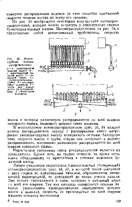 Недостатком указанных типов распределителей является их громоздкость. Кроме того, их трудно очищать во время оста-новки оборудования от приставших к стенкам комочков бумажной массы.