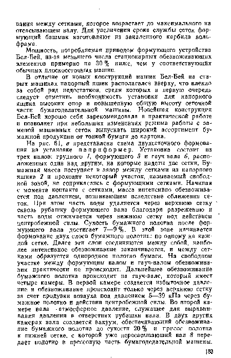 Мощность, потребляемая приводом формующего устройства Бел-Бей, из-за меньшего числа стационарных обезвоживающих элементов примерно на 30 % ниже, чем у соответствующих обычных плоскосеточных машин.