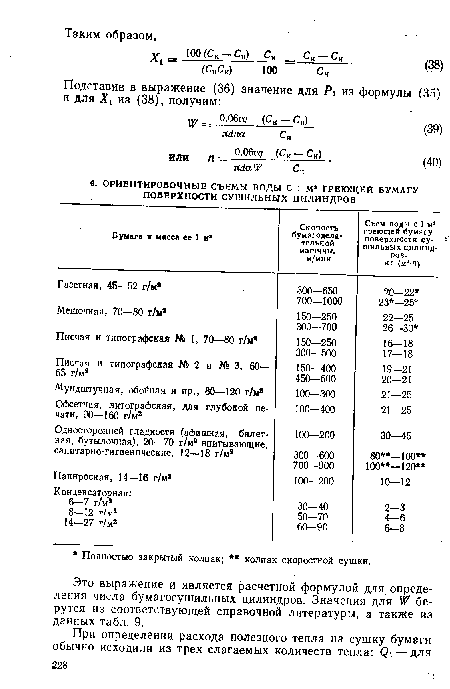 Это выражение и является расчетной формулой для определения числа бумагосушильных цилиндров. Значения для V? берутся из соответствующей справочной литературы, а также из данных табл. 9.