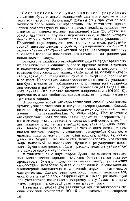 В увлажненной с двух сторон бумаге не остается остаточных электрических зарядов, чему способствует также электропроводность бумаги. Электростатический метод увлажнения способствует выработке бумаги с надлежащей плоскостностью, равномерной влажностью и лишенной зарядов статического электричества. Однако этим способом нельзя пользоваться, если бумага имеет легко разрушаемую и быстро размокающую при увлажнении поверхность, например как у бумаги с покрытием, поверхность которой размокает и теряет лоск.