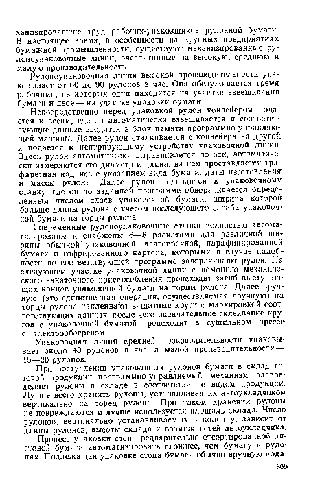 Рулоноупаковочная линия высокой производительности упаковывает от 60 до 90 рулонов в час. Она обслуживается тремя рабочими, из которых один находится на участке взвешивания бумаги и двое — на участке упаковки бумаги.