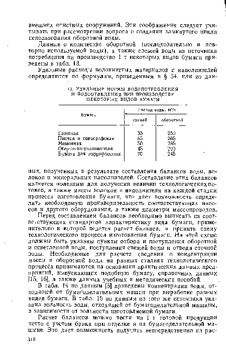 Данные о количестве оборотной (последовательно и повторно используемой воды), а также свежей воды из источника потребления на производство 1 т некоторых видов бумаги приведены в табл. 13.