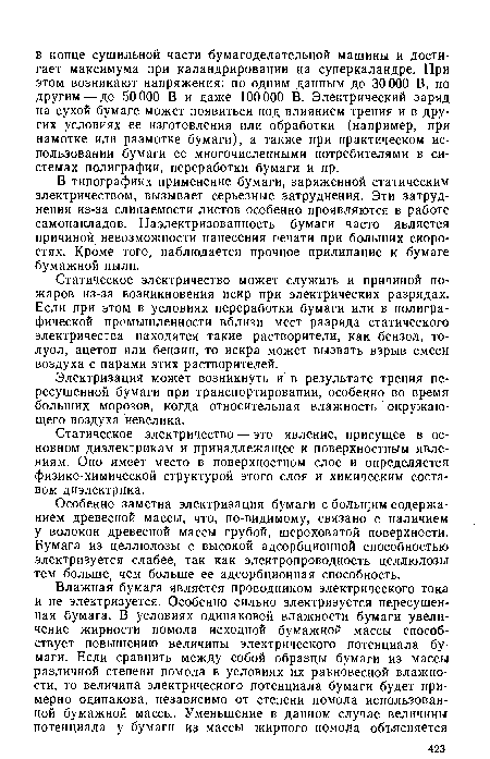 В типографиях применение бумаги, заряженной статическим электричеством, вызывает серьезные затруднения. Эти затруднения из-за слипаемости листов особенно проявляются в работе самонакладов. Наэлектризованность бумаги часто является причиной невозможности нанесения печати при больших скоростях. Кроме того, наблюдается прочное прилипание к бумаге бумажной пыли.