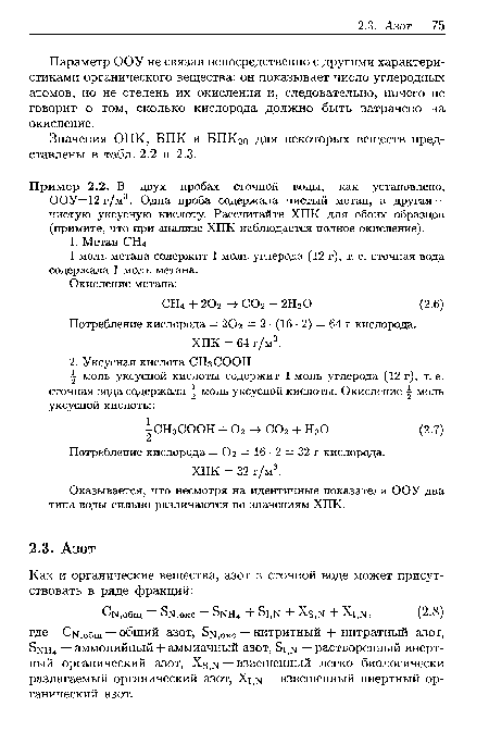 Пример 2.2. В двух пробах сточной воды, как установлено, ООУ=12 г/м3. Одна проба содержала чистый метан, а другая — чистую уксусную кислоту. Рассчитайте ХПК для обоих образцов (примите, что при анализе ХПК наблюдается полное окисление).