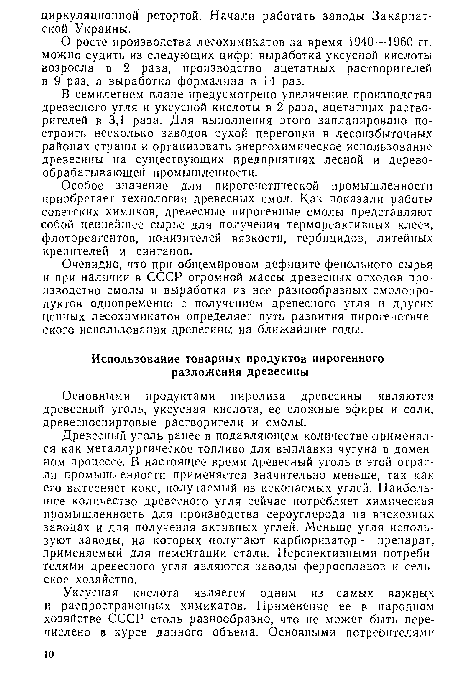 О росте производства лесохимикатов за время 1940—1960 гг. можно судить из следующих цифр: выработка уксусной кислоты возросла в 2 раза, производство ацетатных растворителей в 9 раз, а выработка формалина в 14 раз.