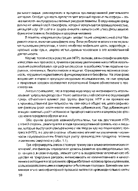 Обе группы факторов взаимообусловлены, так как достижения НТР, с одной стороны, реализуются в ходе производственной деятельности людьми, которые выступают одновременно и как творцы научно-технического прогресса (НТП), а с другой стороны, объективно влияют на увеличение численности народонаселения благодаря росту производства продуктов питания и снижению смертности (табл. 1.1).