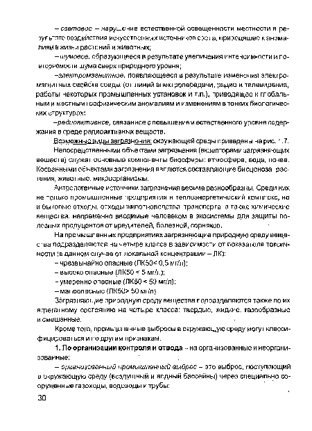 Антропогенные источники загрязнения весьма разнообразны. Среди них не только промышленные предприятия и теплоэнергетический комплекс, но и бытовые отходы, отходы животноводства, транспорта, а также химические вещества, непременно вводимые человеком в экосистемы для защиты полезных продуцентов от вредителей, болезней, сорняков.