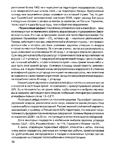 Концентрация двуокиси углерода в атмосфере постоянно увеличивается и возросла в настоящее время по сравнению с доиндустриальной эпохой на 28%. Если человечество не примет меры, чхобы сократить выбросы парниковых к середине настоящего века средняя глобальная температура приземной атмосферы повысится на 1,5-4,5°С.