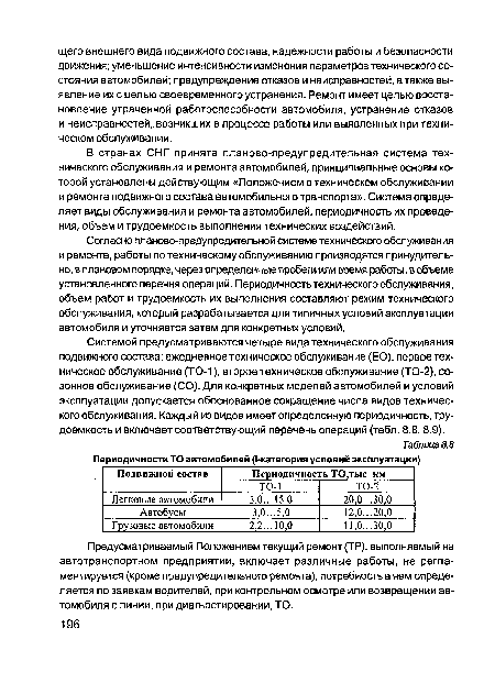 Системой предусматриваются четыре вида технического обслуживания подвижного состава: ежедневное техническое обслуживание (ЕО), первое техническое обслуживание (ТО-1), второе техническое обслуживание (ТО-2), сезонное обслуживание (СО). Для конкретных моделей автомобилей и условий эксплуатации допускается обоснованное сокращение числа видов технического обслуживания. Каждый из видов имеет определенную периодичность, трудоемкость и включает соответствующий перечень операций (табл. 8.8,8.9).