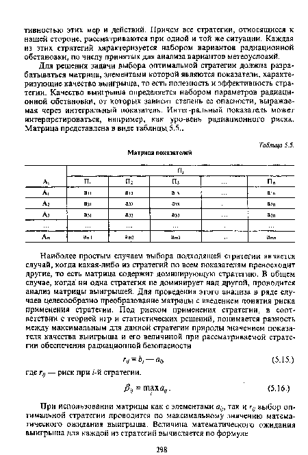 Для решения задачи выбора оптимальной стратегии должна разрабатываться матрица, элементами которой являются показатели, характеризующие качество выигрыша, то есть полезность и эффективность стратегии. Качество выигрыша определяется набором параметров радиационной обстановки, от которых зависит степень ее опасности, выражаемая через интегральный показатель. Интег-ральный показатель может интерпретироваться, например, как уро-вень радиационного риска. Матрица представлена в виде таблицы 5.5..