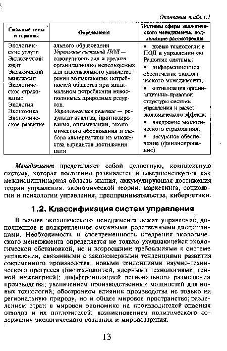 В основе экологического менеджмента лежит управление, дополненное и подкрепленное смежными родственными дисциплинами. Необходимость и своевременность внедрения экологического менеджмента определяется не только ухудшающейся экологической обстановкой, но и возросшими требованиями к системе управления, связанными с закономерными тенденциями развития современного производства, новыми тенденциями научно-техни-ческого прогресса (биотехнологией, ядерными технологиями, генной инженерией); дифференциацией регионального размещения производства; увеличением производственных мощностей для новых технологий; обострением влияния производства не только на региональную природу, но и общее мировое пространство; разделением стран в мировой экономике на производителей опасных отходов и их поглотителей; возникновением политического содержания экологического сознания и мировоззрения.