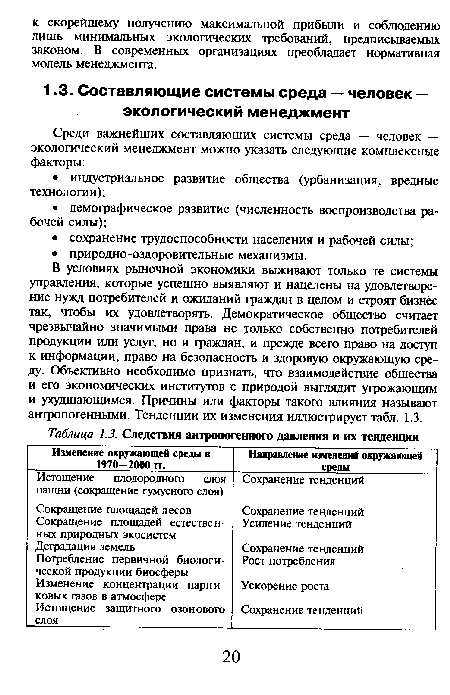 В условиях рыночной экономики выживают только те системы управления, которые успешно выявляют и нацелены на удовлетворение нужд потребителей и ожиданий граждан в целом и строят бизнес так, чтобы их удовлетворять. Демократическое общество считает чрезвычайно значимыми права не только собственно потребителей продукции или услуг, но и граждан, и прежде всего право на доступ к информации, право на безопасность и здоровую окружающую среду. Объективно необходимо признать, что взаимодействие общества и его экономических институтов с природой выглядит угрожающим и ухудшающимся. Причины или факторы такого влияния называют антропогенными. Тенденции их изменения иллюстрирует табл. 1.3.