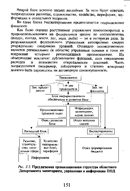 Как было сказано расчленение управления природоохраной и природопользованием на федеральном уровне по составляющим (воздух, погода, земля, лес, вода, рыба) — не в интересах дела. За реорганизацией федерального управления неотвратимо следует упорядочение следующих уровней. Очевидно несовершенным является региональное (в области) управление одними и теми же вопросами четырьмя руководящими организациями. Их объединение исключит дублирование функций, даст сокращение расходов и повышение оперативности решений. Часть подразделений (например, лаборатория и станции контроля) должны быть переведены на договорную самоокупаемость.