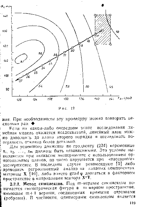 Для успешного движения по градиенту (224) переменные х, х2, ..., Хш должны быть независимыми. Это условие выполняется при активном эксперименте с использованием ортогональных планов, но часто нарушается при «пассивном» эксперименте. В последнем случае рекомендуют [9] либо проводить регрессионный анализ на главных компонентах матрицы X [10], либо вместо gradcp двигаться в факторном пространстве в направлении вектора XTY.