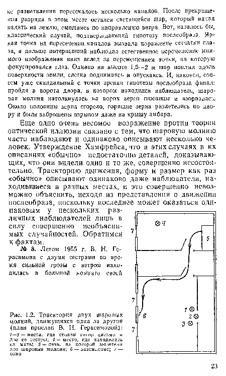 Траектория двух шаровых молний, движущихся одна за другой (план прислан В. Н. Герасимовой)