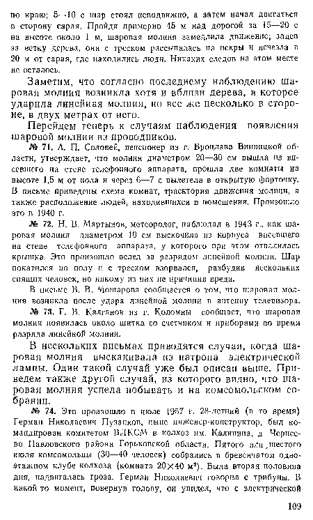 Заметим, что согласно последнему наблюдению шаровая молния возникла хотя и вблизи дерева, в которое ударила линейная молния, но все же несколько в стороне, в двух метрах от него.