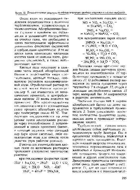 Частично очищенный в первой абсорбционной башне газ затем направляется в турбулентный промы-ватель 2. Здесь улавливается основное количество фтористых газов, окислов азота и происходит нейтрализация кислот.