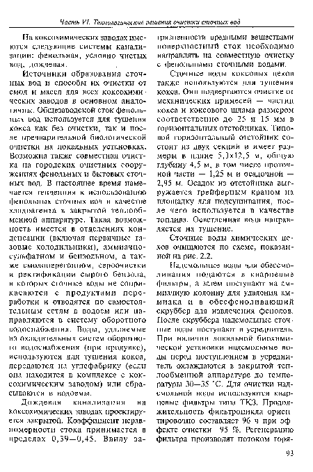 На коксохимических заводах имеются следующие системы канализации: фенольная, условно чистых вод, дождевая.