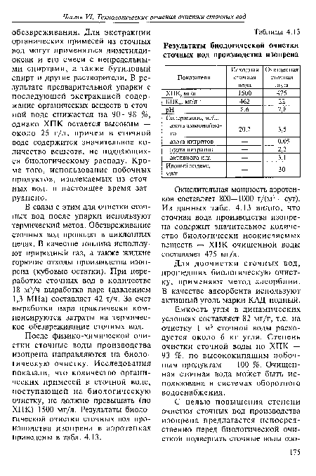 Окислительная мощность аэротен-ков составляет 800—1000 г/(м3 • сут). Из данных табл. 4.13 видно, что сточная вода производства изопрена содержит значительное количество биологически неокисляемых веществ — ХПК очищенной воды составляет 475 мг/л.