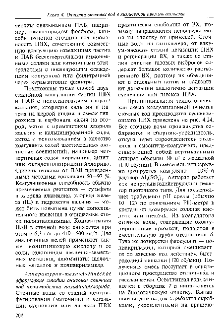 Предложены также способ двухстадийной коагуляции частиц ПВХ и ПАВ с использованием хлората кальция, хлоридов кальция и натрия на первой стадии и смеси гидроксида и карбоната калия на второй, метод с применением хлорида кальция и кальцинированной соды, метод с использованием в качестве коагулянта солей шестичленных азотистых соединений, например четвертичных солей пиридиния, децил-или октадецилпиридинийхлорида. Степень очистки от ПАВ приведенными методами составляет 50—97 %. Коагуляционная способность обычно применяемых реагентов — сульфата и хлорида алюминия, хлорида железа (III) и гидроксида кальция — может быть повышена путем дополнительного введения в очищаемые стоки полиэтиленимина. Концентрация ПАВ в сточной воде снижается при этом с 6,3 г/л до 410—500 мг/л. Для аналогичных целей применяют также тиолигниновую кислоту и ее соли, галогениды щелочно-земельных металлов, алюминаты щелочных металлов и полиакриламида.