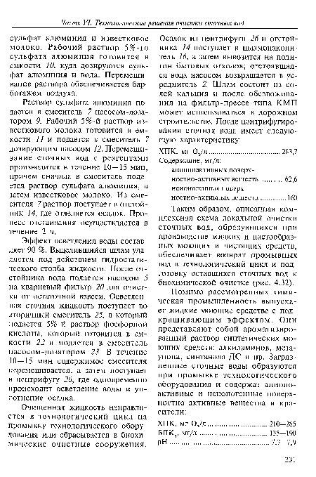 Эффект осветления воды составляет 90 %. Выделившийся шлам удаляется под действием гидростатического столба жидкости. После отстойника вода подается насосом 5 на кварцевый фильтр 20 для очистки от остаточной взвеси. Осветленная сточная жидкость поступает во вторичный смеситель 25, в который подается 5%-й раствор фосфорной кислоты, который готовится в емкости 22 и подается в смеситель насосом-дозатором 23. В течение 10—15 мин содержимое смесителя перемешивается, а затем поступает в центрифугу 26, где одновременно происходит осветление воды и уплотнение осадка.