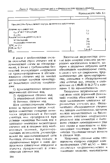 Химически загрязненные сточные воды после первичной (локальной) очистки сбрасывают в заводскую канализацию химически загрязненных сточных в,од. Окончательное обезвреживание сточных вод заводов синтетических каучуков должно осуществляться на биологических очистных сооружениях раздельно или совместно с бытовыми стоками промышленного узла или города в зависимости от концентрации токсичных или биологически трудноокисляемых веществ в сточной воде.