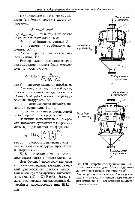 Батарейные гидроциклоны с центральным коллектором (а) и с гидроциклоном предварительной очистки (б)