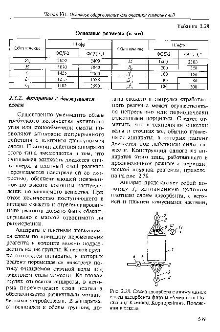 Существенно уменьшить объем требуемого количества активного угля или ионообменной смолы позволяют аппараты непрерывного действия с плотным движущимся слоем. Принцип действия аппаратов этого типа заключается в том, что очищаемая жидкость движется снизу вверх, а плотный слой реагента перемещается навстречу ей со скоростью, обеспечивающей неизменное по высоте колонны распределение поглощаемого вещества. При этом количество поступающего в аппарат свежего и отрегенерирован-ного реагента должно быть сбалансировано с массой отводимого на регенерацию.