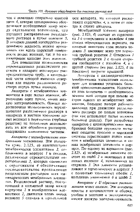 Мембранный элемент аппарата (рис. 2.125, б) состоит из сердечника 5 с отверстиями и желобом 4 для отвода образующегося пермеата, на который намотаны слои полого волокна 3, имеющие зазор для пористой трубной решетки 2. Отверстия 1 трубной решетки 2 с одной стороны сообщаются с желобом 4, ас другой стороны (на рис. 2.125, б не показано) закрыты крышкой.