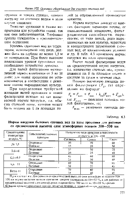 Нормы нагрузки зависят от многих факторов: характера почвы, ее окислительной мощности, фильтрационной способности, пористости; от типа полей, рода выращиваемых на них культур, характера и концентрации загрязнений сточных вод; от климатических условий и др. В табл. 4.3 приведены нормы нагрузки на поля орошения.